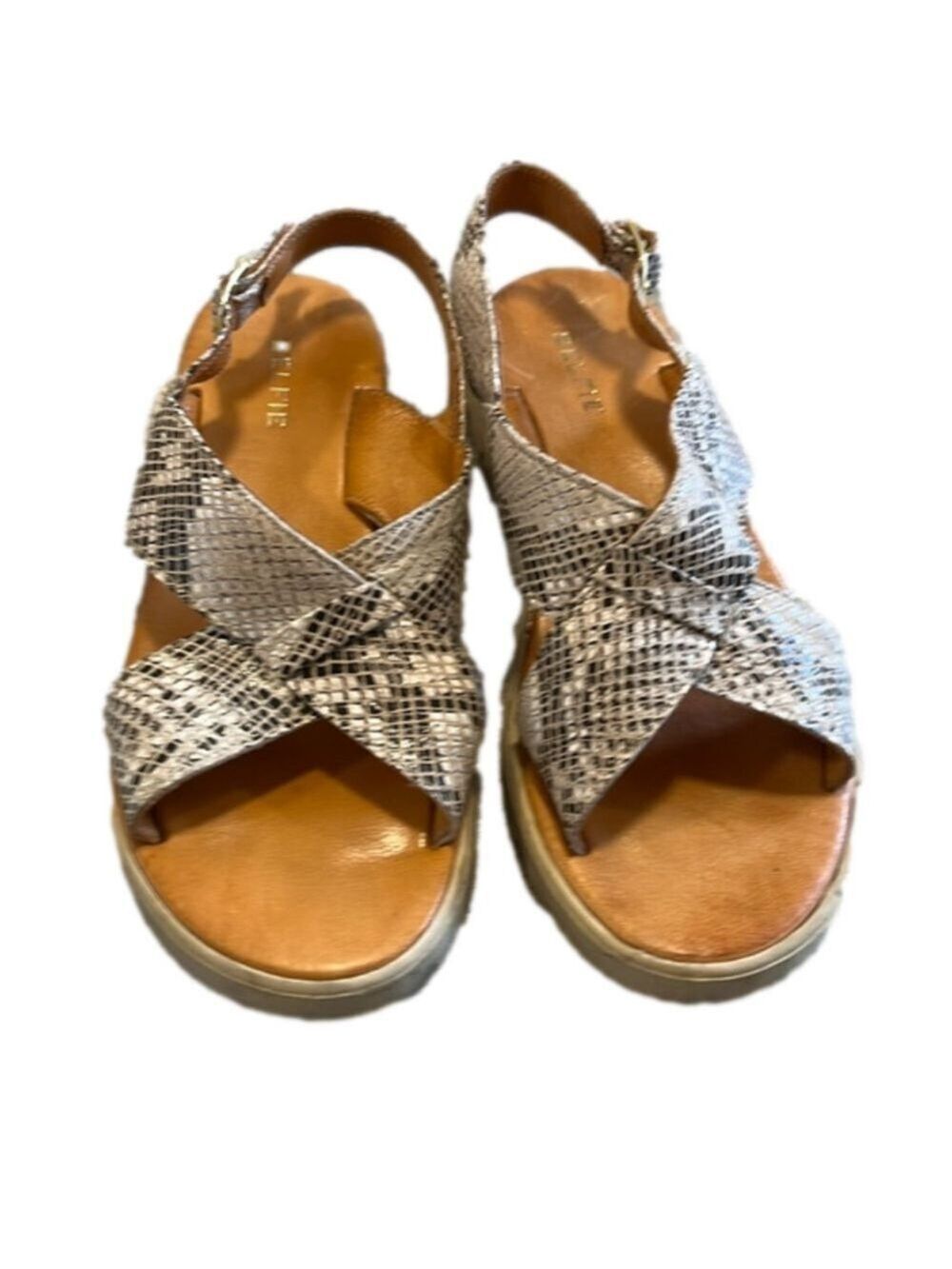 SELFIE Faux Snakeskin Vegan Low Wedge Sandal Criss Cross Straps, Size 36 (5.5)